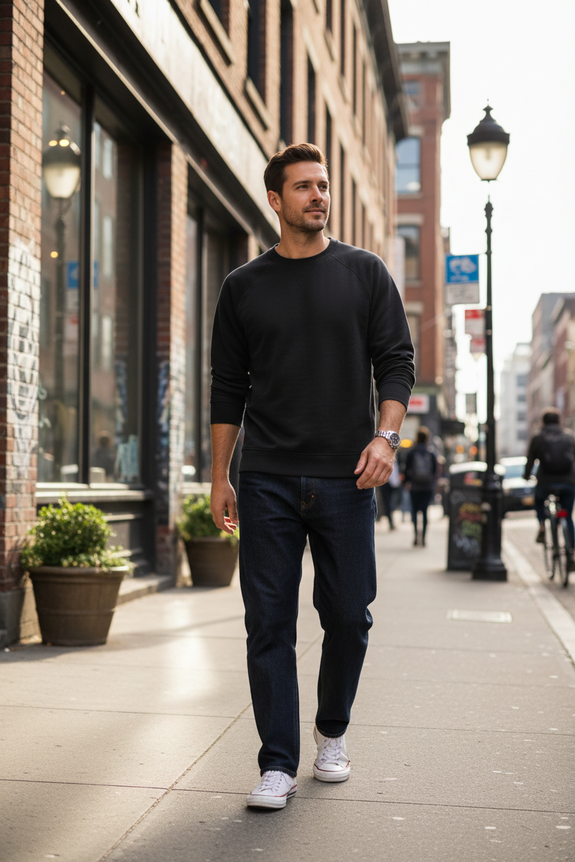 Person wearing Unshakable sweatshirt outdoors in urban setting